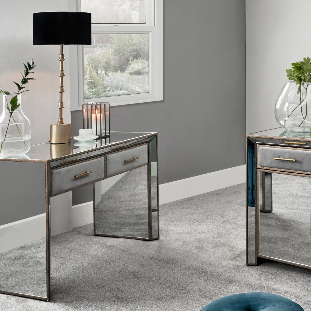 Brindisi Grey Velvet, Antique Metal and Mirror Console Table.