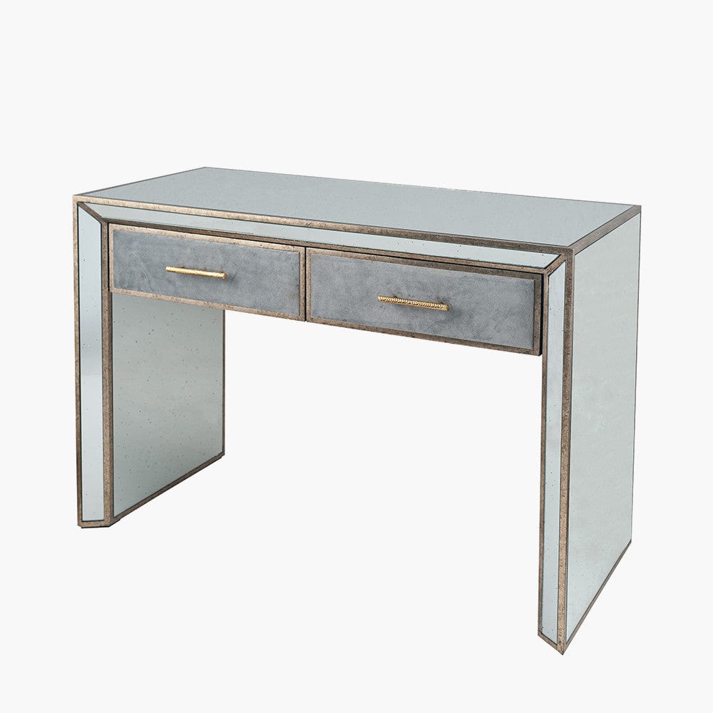 Brindisi Grey Velvet, Antique Metal and Mirror Console Table.