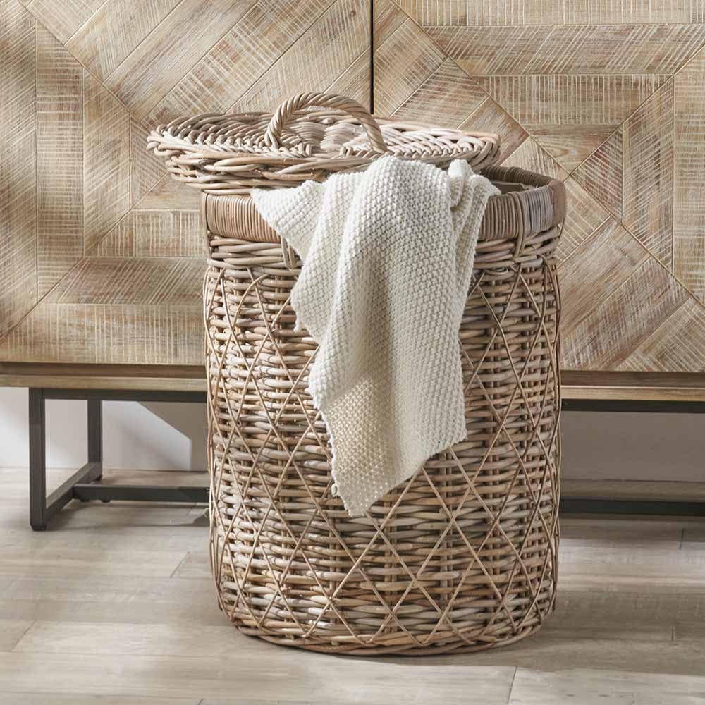 Brown Rattan Round Linen Basket.