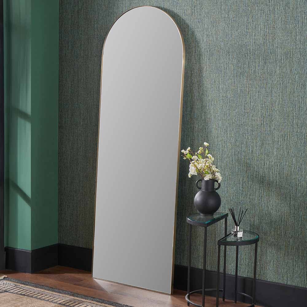 Brushed Gold Metal Slim Frame Arch Floor Mirror.