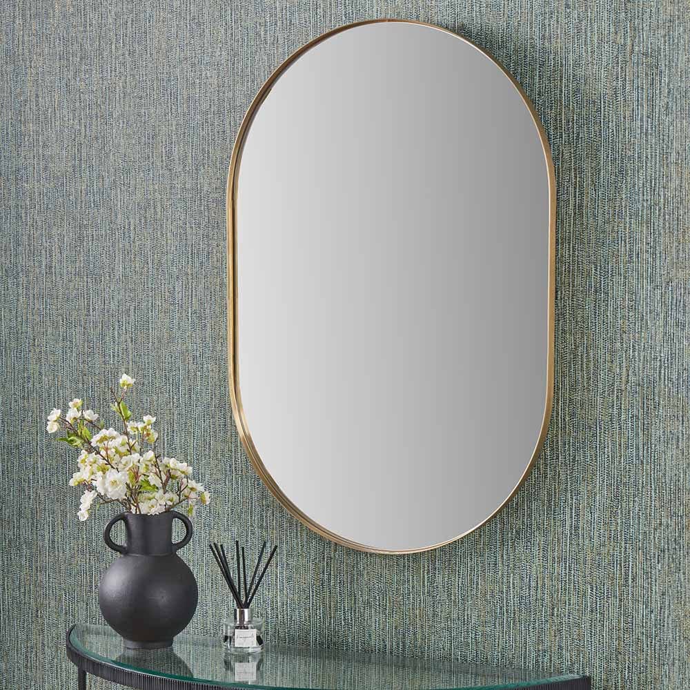 Brushed Gold Metal Slim Frame Oval Wall Mirror.