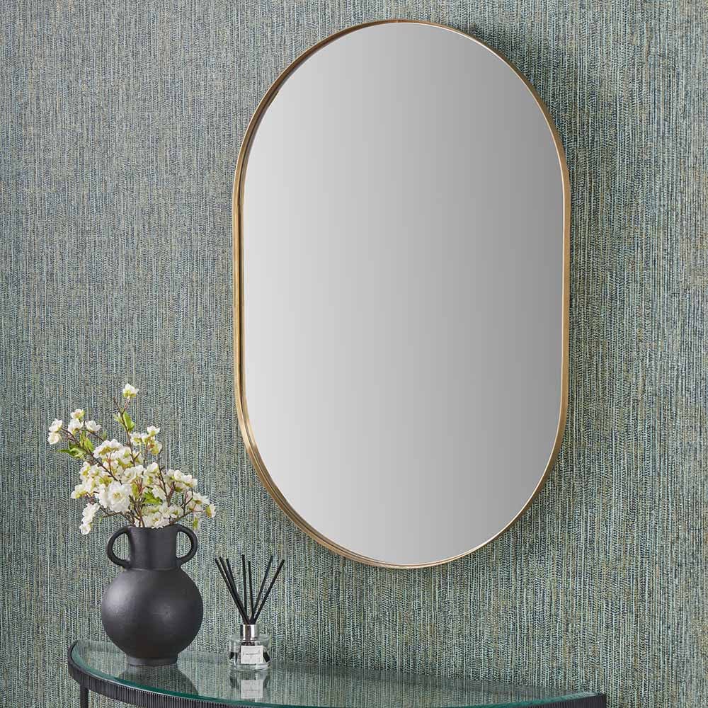 Pacific Lifestyle Living Brushed Gold Metal Slim Frame Oval Wall Mirror House of Isabella UK