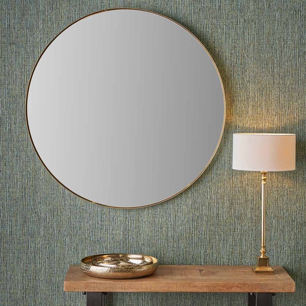 Brushed Gold Metal Slim Frame Round Wall Mirror Large.