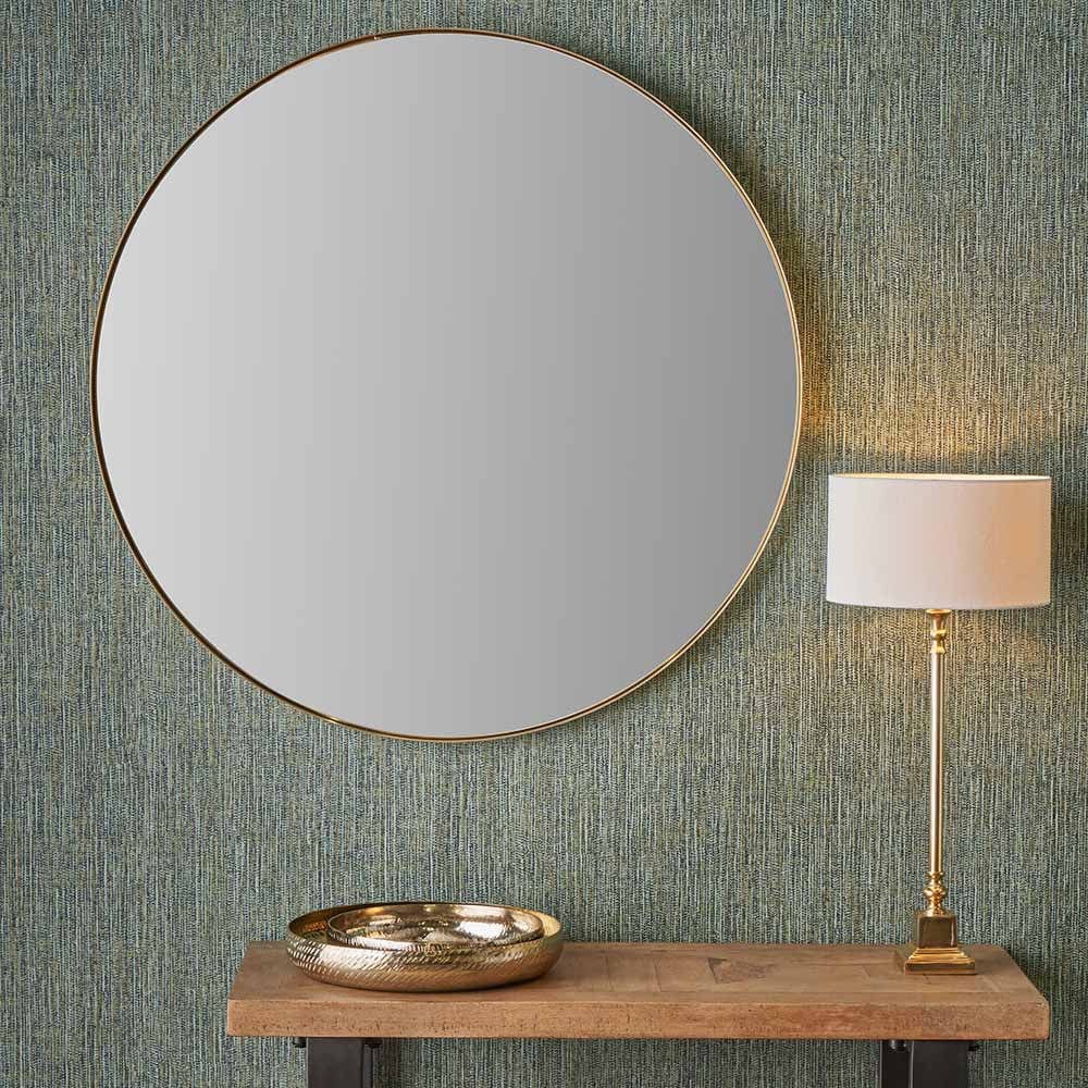 Pacific Lifestyle Living Brushed Gold Metal Slim Frame Round Wall Mirror Large House of Isabella UK