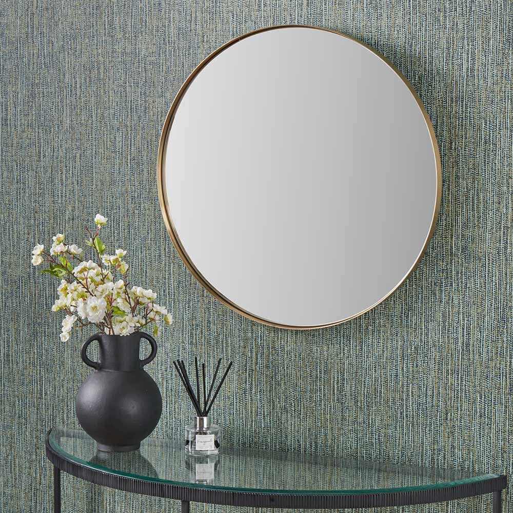 Pacific Lifestyle Living Brushed Gold Metal Slim Frame Round Wall Mirror Medium House of Isabella UK