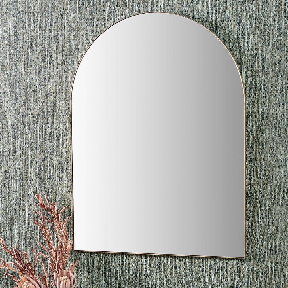 Brushed Gold Metal Slim Frame Tall Arch Wall Mirror.
