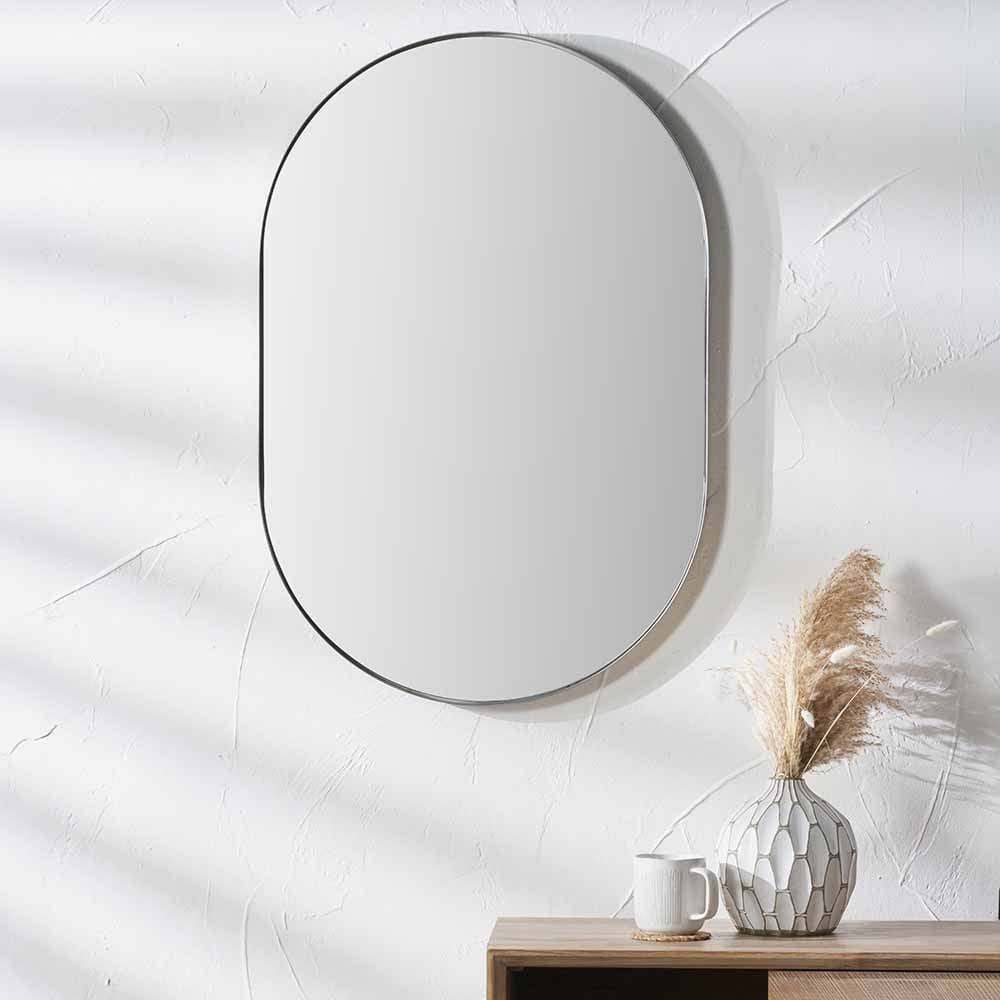 Brushed Silver Metal Slim Frame Oval Wall Mirror.