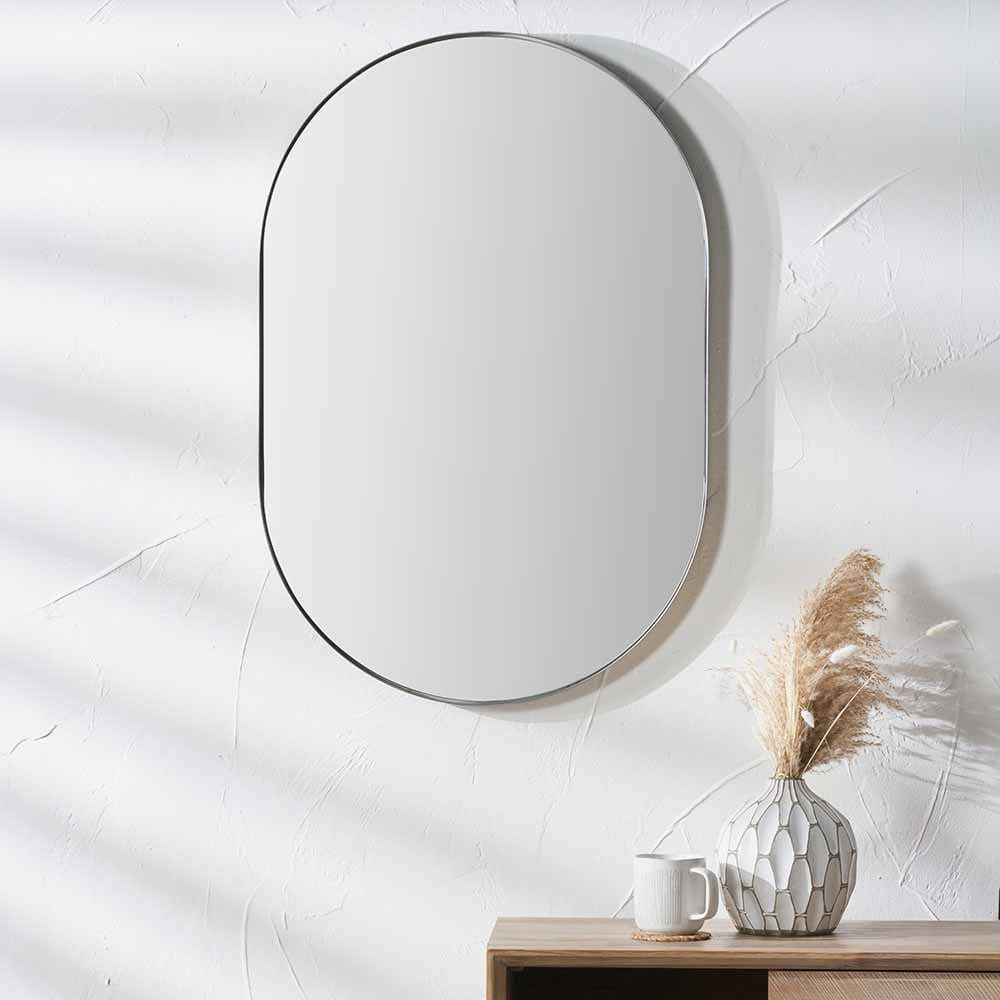 Pacific Lifestyle Living Brushed Silver Metal Slim Frame Oval Wall Mirror House of Isabella UK