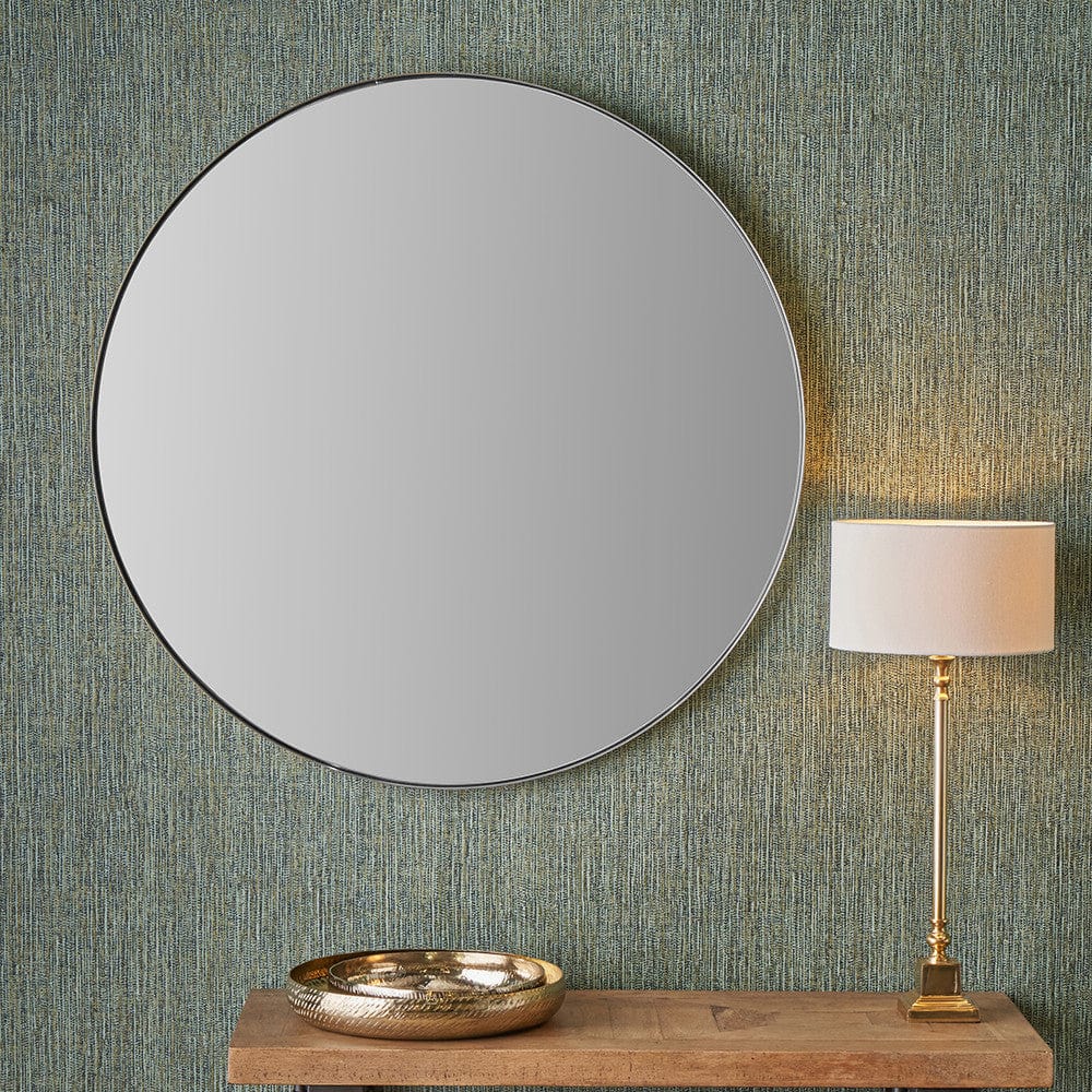 Brushed Silver Metal Slim Frame Round Wall Mirror Large.