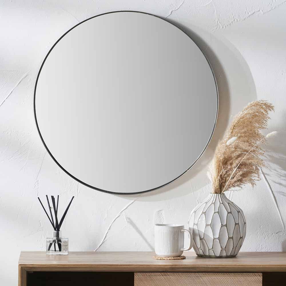 Brushed Silver Metal Slim Frame Round Wall Mirror Medium.
