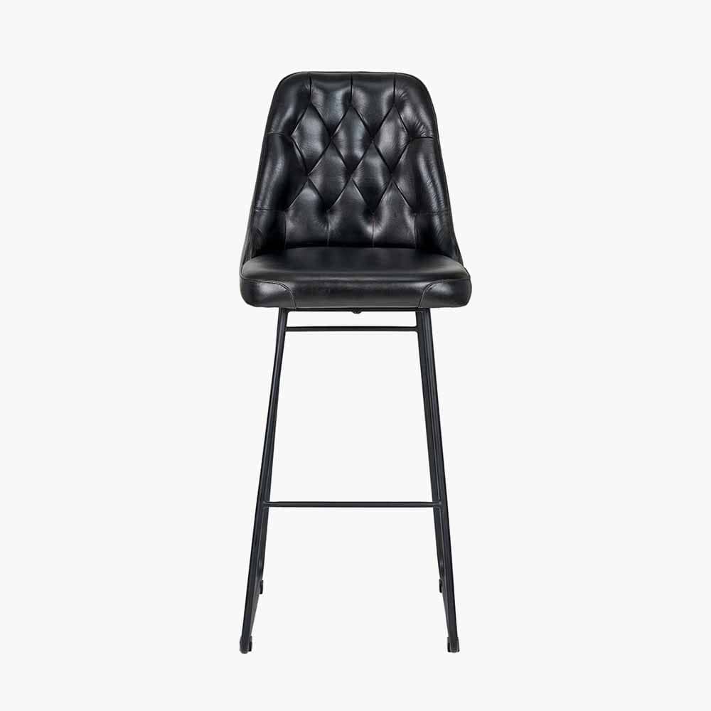 Camillo Ash Black Leather and Black Metal Diamond Back Bar Stool.