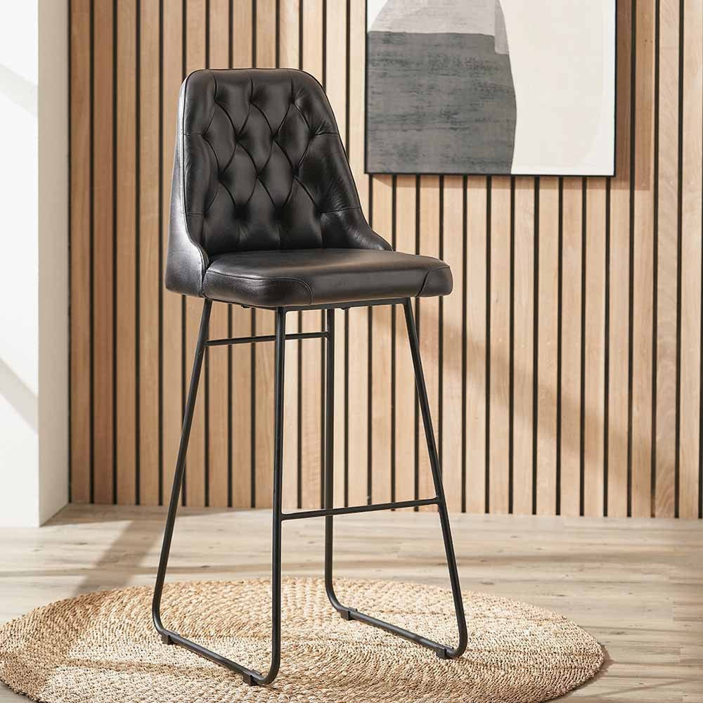 Camillo Ash Black Leather and Black Metal Diamond Back Bar Stool.
