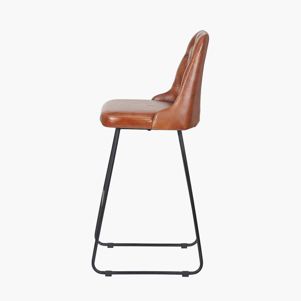 Camillo Vintage Brown Leather and Black Metal Diamond Back Bar Stool.