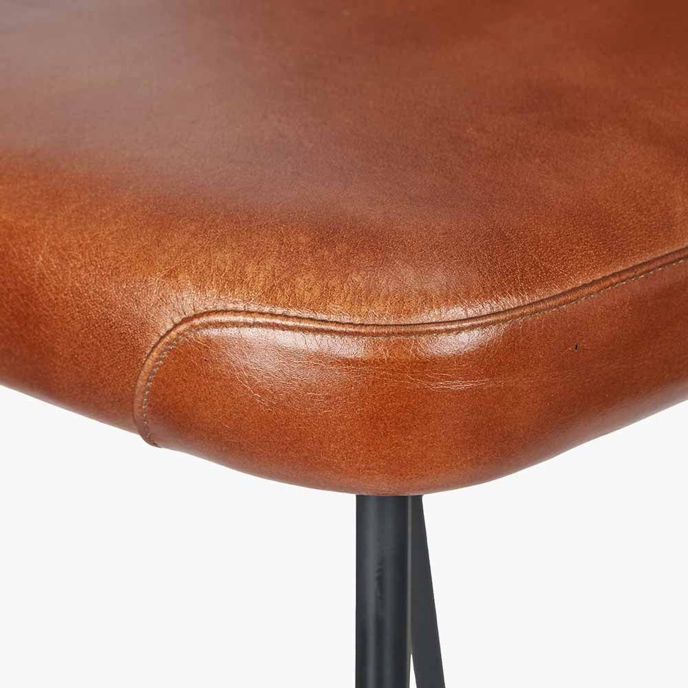 Camillo Vintage Brown Leather and Black Metal Diamond Back Bar Stool.