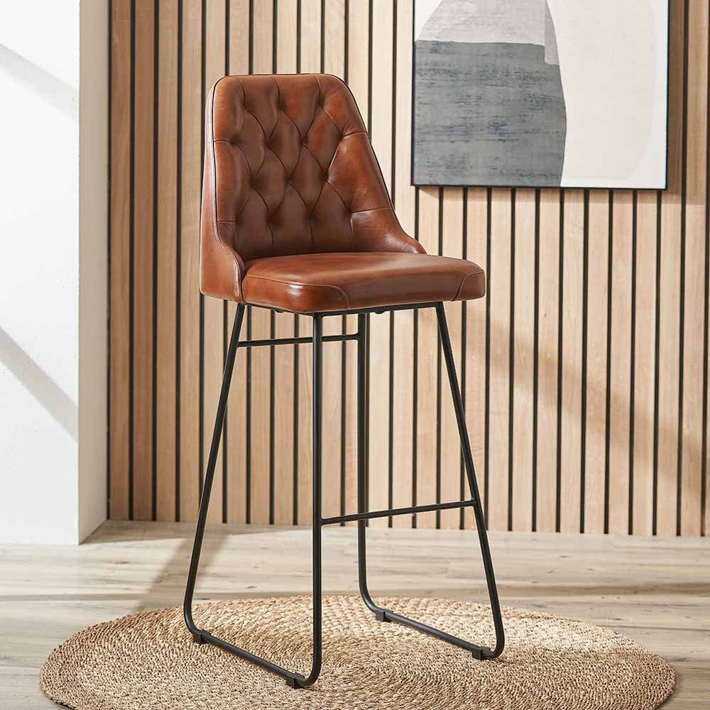 Camillo Vintage Brown Leather and Black Metal Diamond Back Bar Stool.
