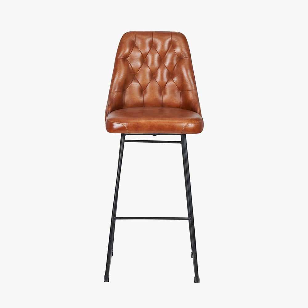 Camillo Vintage Brown Leather and Black Metal Diamond Back Bar Stool.