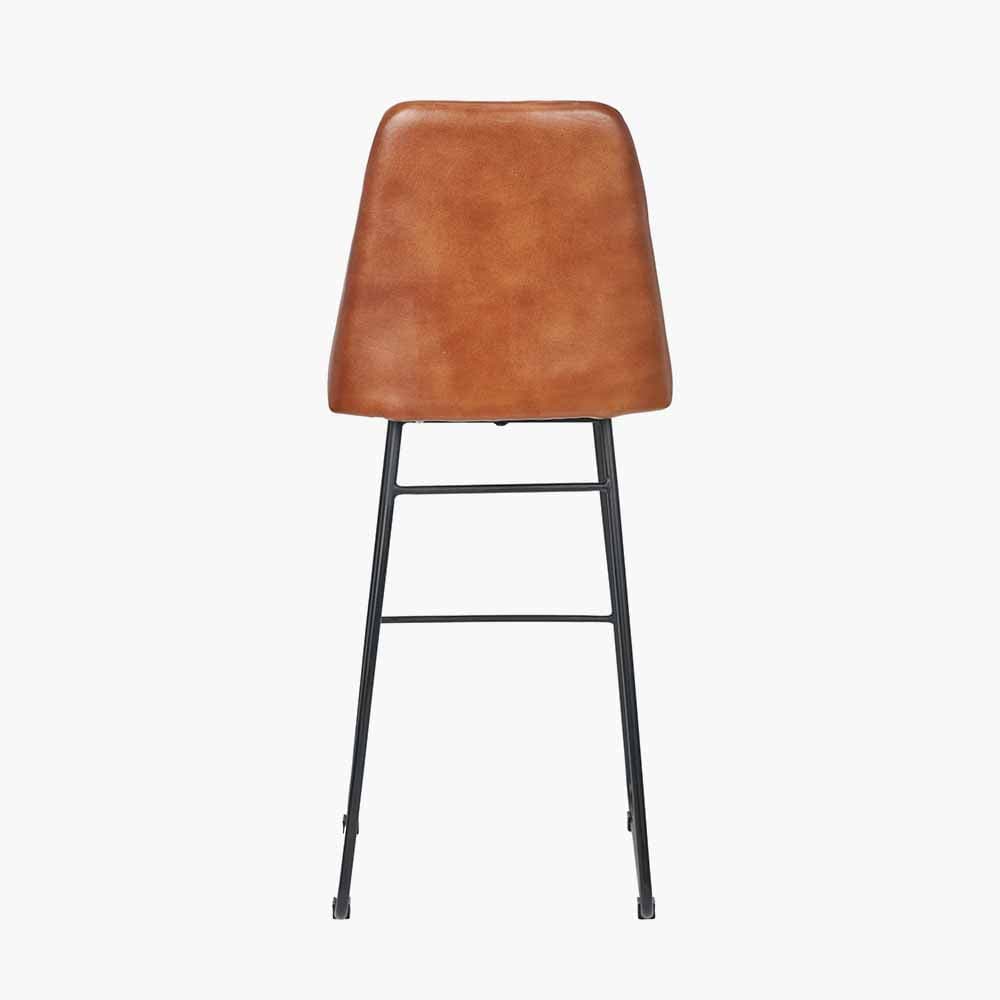 Camillo Vintage Brown Leather and Black Metal Diamond Back Bar Stool.