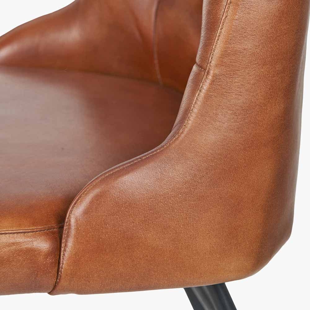 Camillo Vintage Brown Leather and Black Metal Diamond Back Dining Chair.