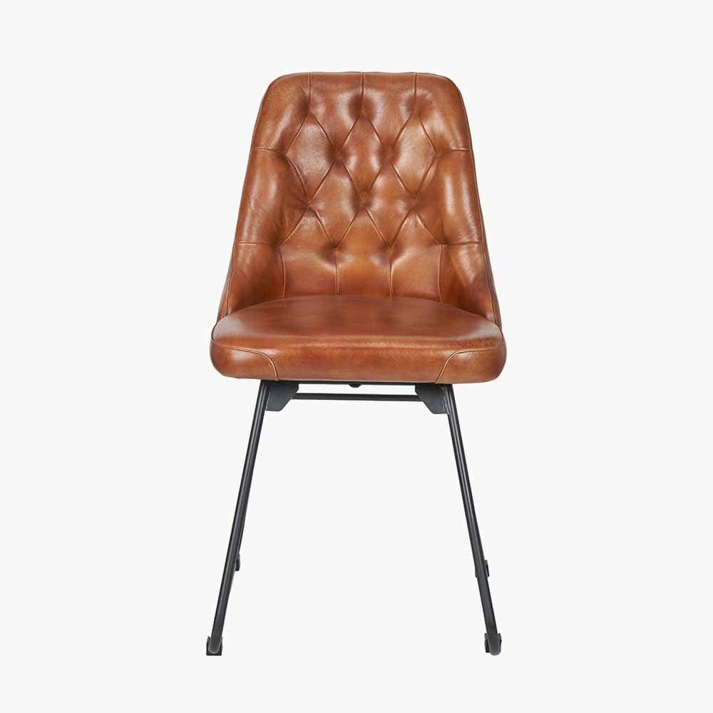 Camillo Vintage Brown Leather and Black Metal Diamond Back Dining Chair.