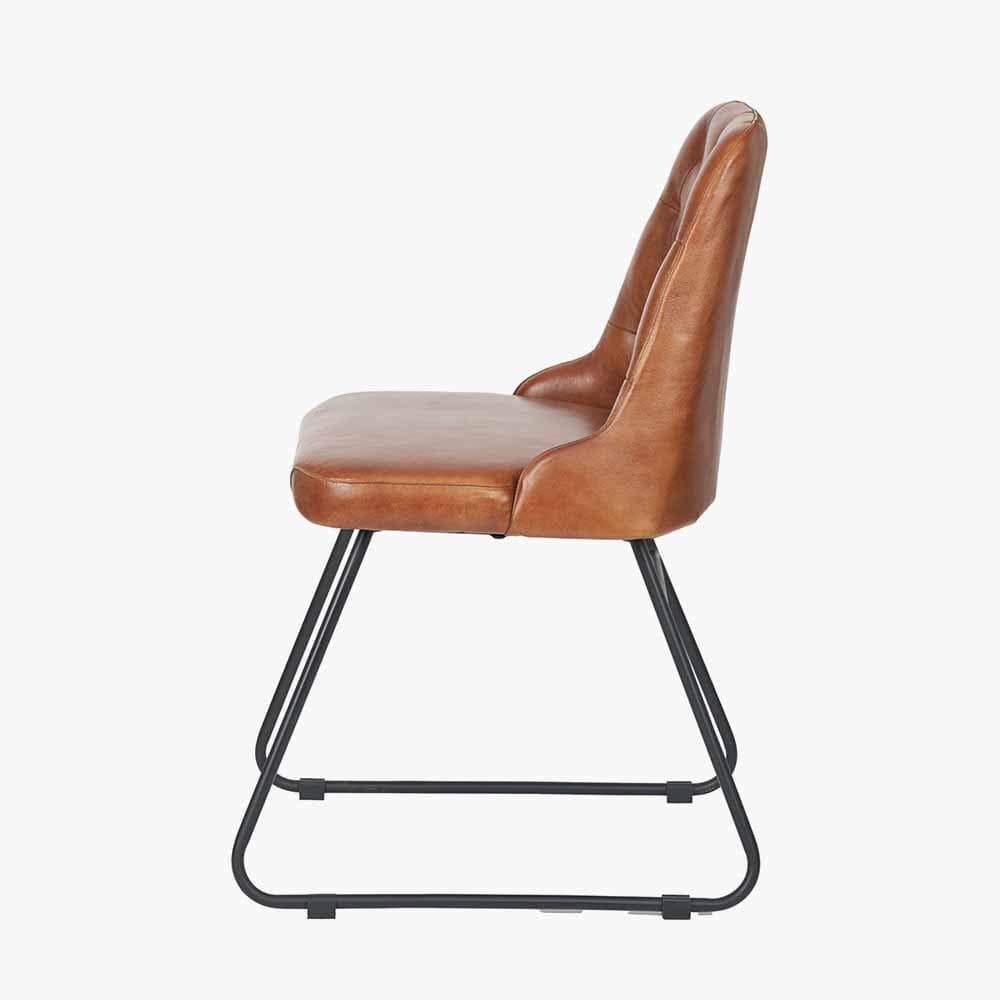 Camillo Vintage Brown Leather and Black Metal Diamond Back Dining Chair.