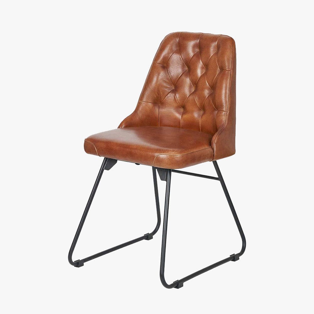 Camillo Vintage Brown Leather and Black Metal Diamond Back Dining Chair.