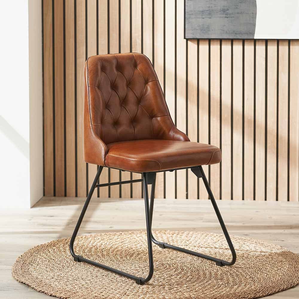 Pacific Lifestyle Living Camillo Vintage Brown Leather and Black Metal Diamond Back Dining Chair House of Isabella UK