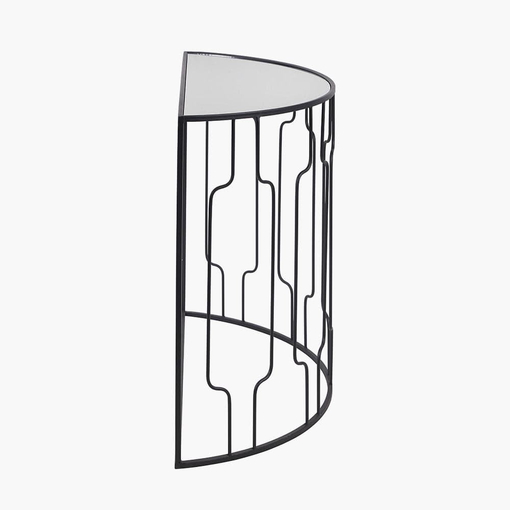 Caprisse Mirrored Glass and Graphite Metal Half Moon Console Table.