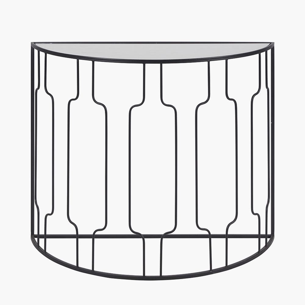 Caprisse Mirrored Glass and Graphite Metal Half Moon Console Table.