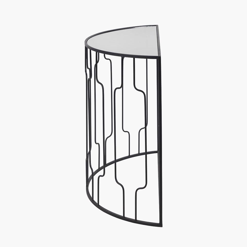 Caprisse Mirrored Glass and Graphite Metal Half Moon Console Table.