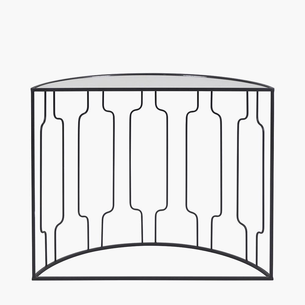 Caprisse Mirrored Glass and Graphite Metal Half Moon Console Table.