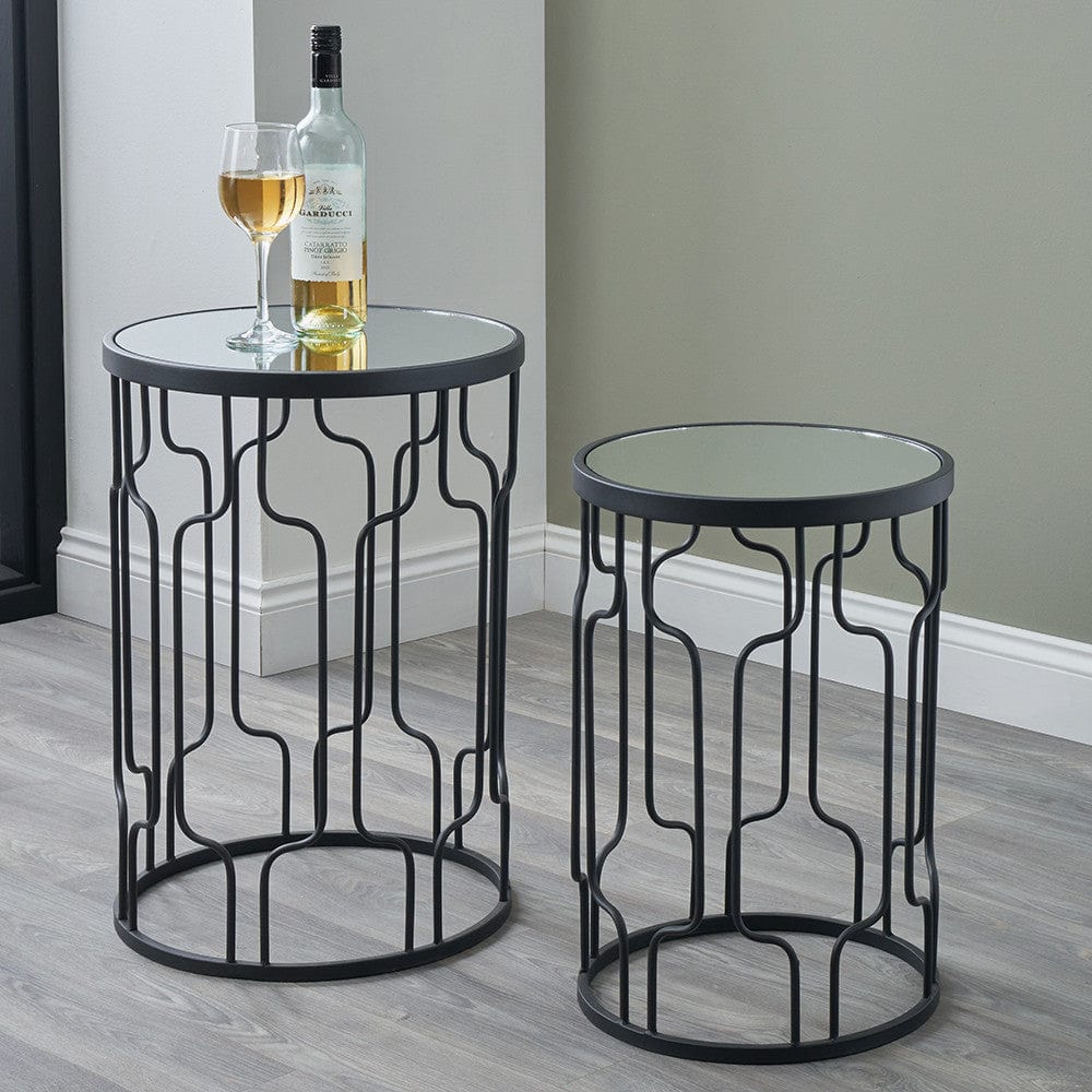 Caprisse S/2 Mirrored Glass and Graphite Metal Side Tables.