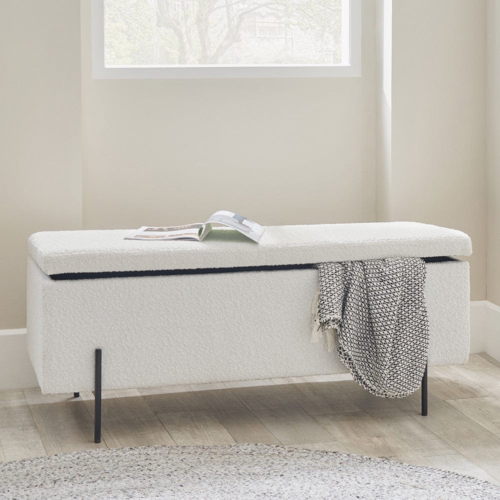 Catania Bouclé Fabric Storage Bench With Black Legs.
