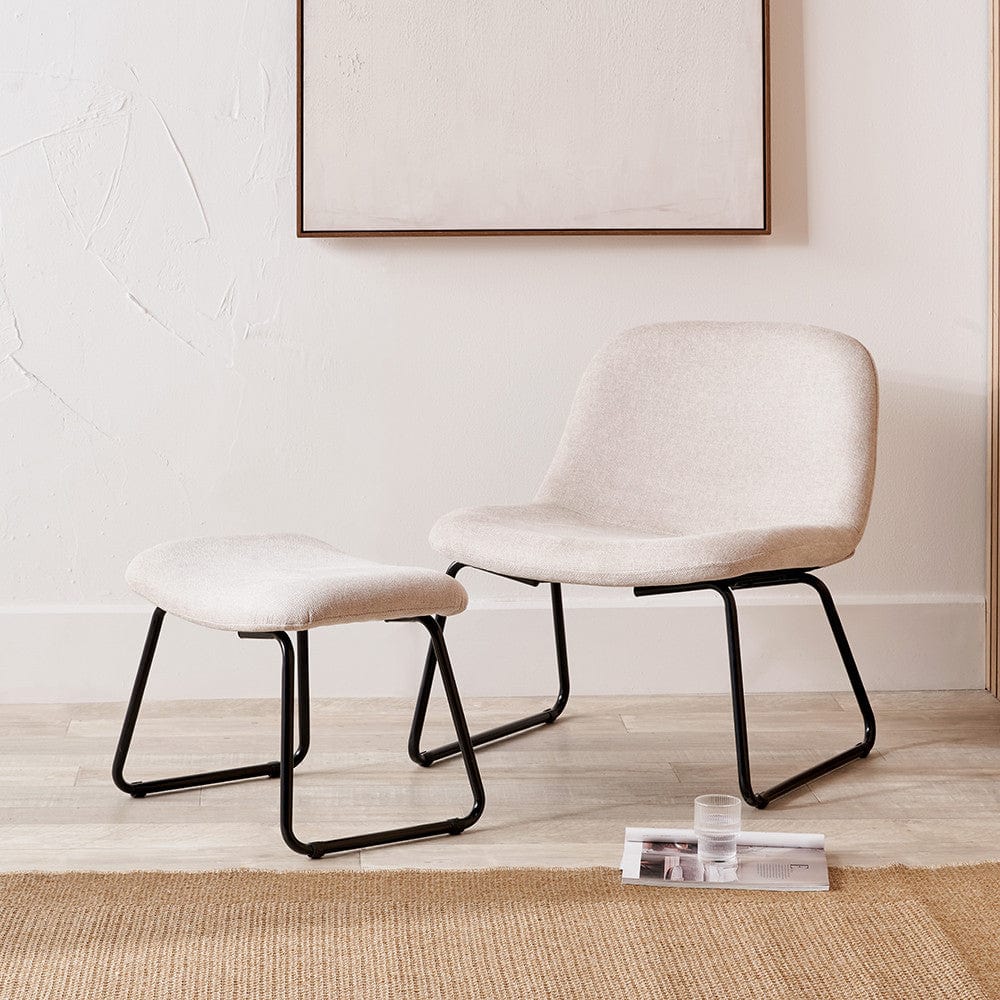 Chiara Natural Chenille and Black Metal Lounging Chair and Footstool.