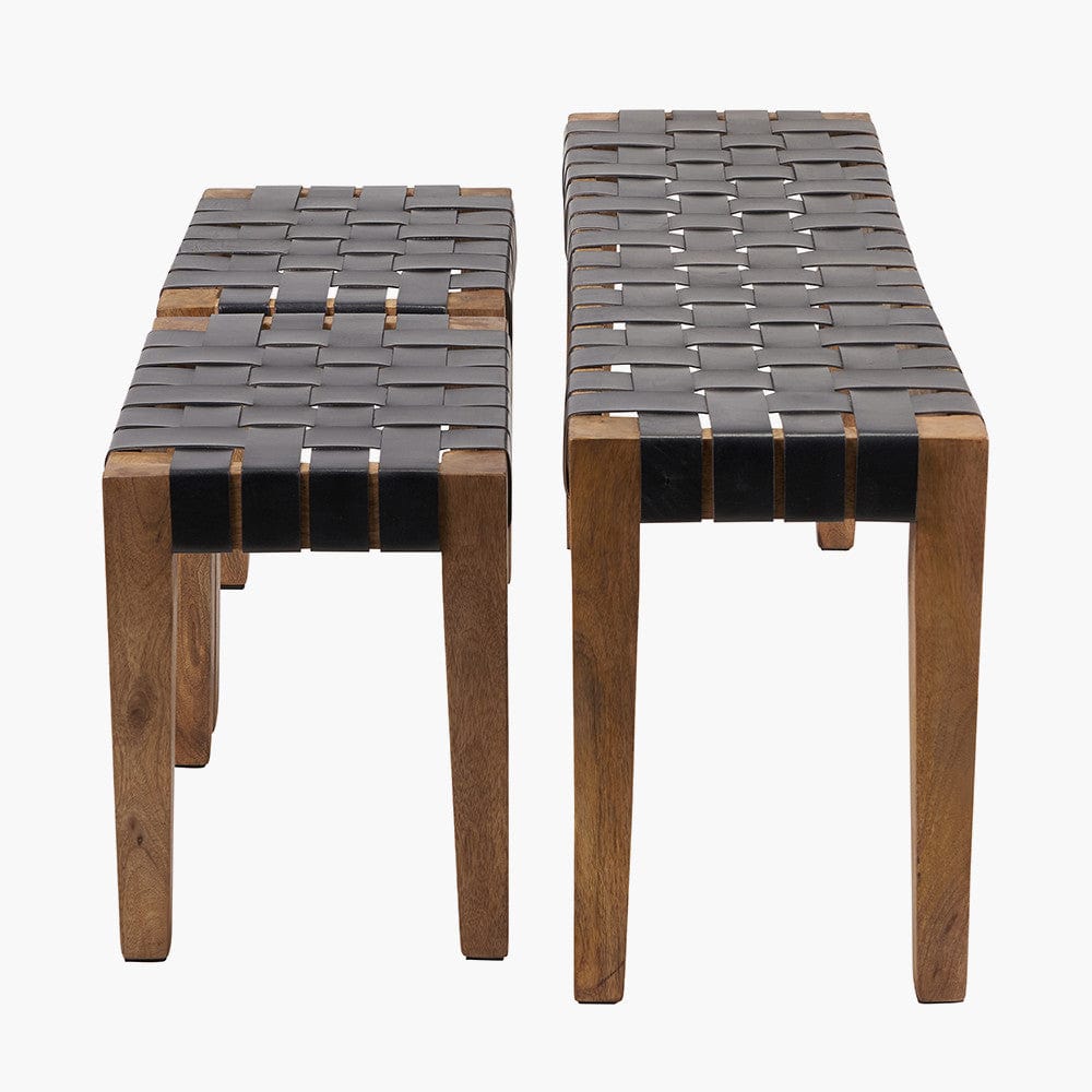 Claudio S/3 Black Leather and Mango Wood Bench and Stools.