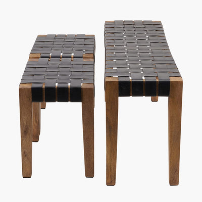 Pacific Lifestyle Living Claudio S/3 Black Leather and Mango Wood Bench and Stools House of Isabella UK