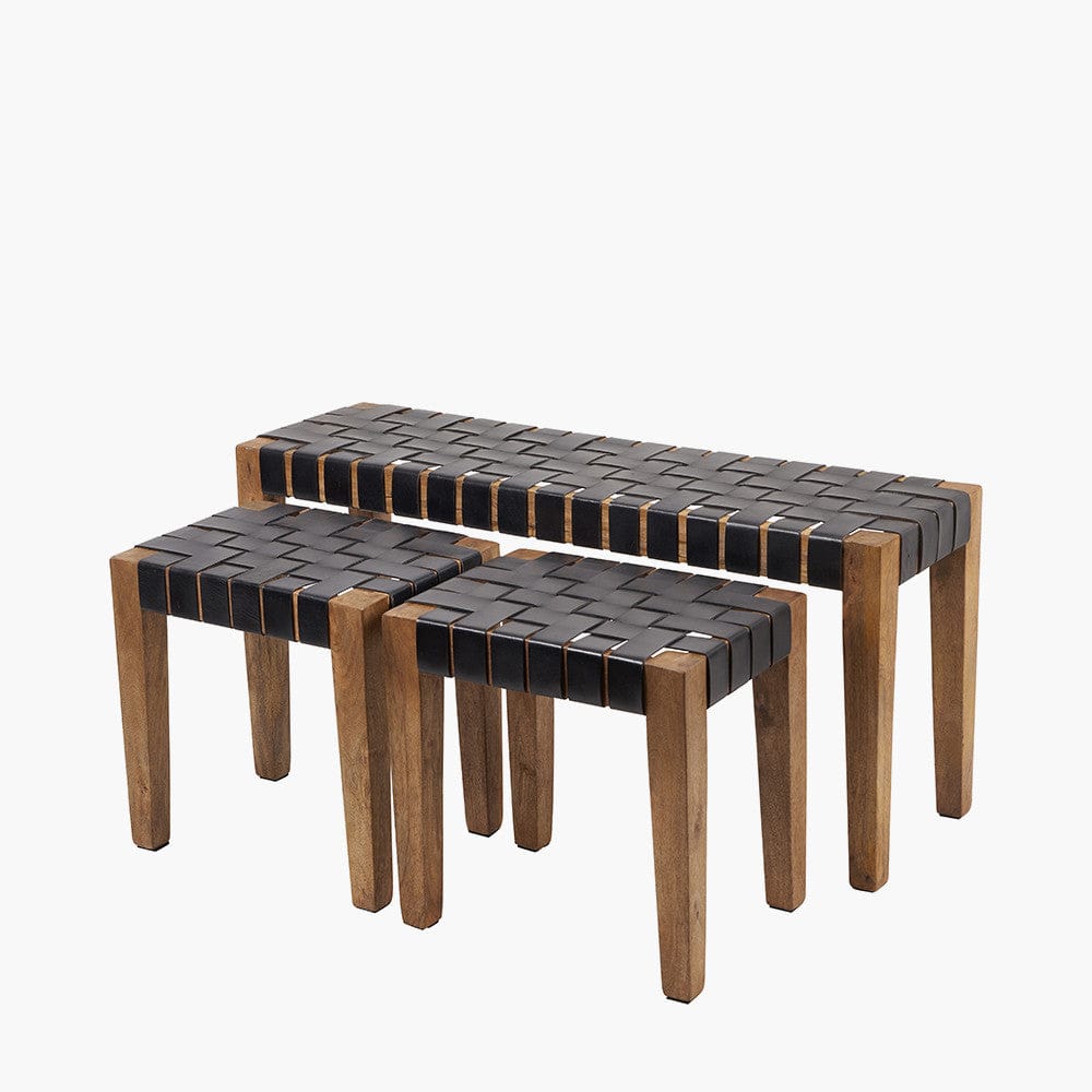 Claudio S/3 Black Leather and Mango Wood Bench and Stools.