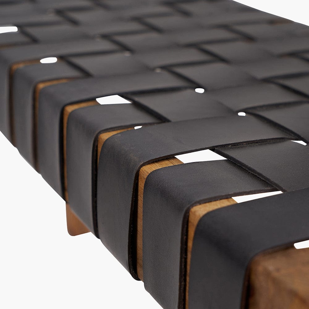 Claudio S/3 Black Leather and Mango Wood Bench and Stools.