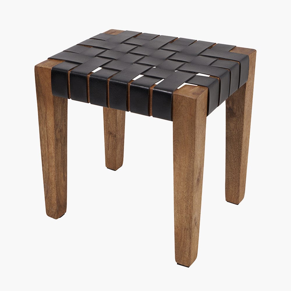 Claudio S/3 Black Leather and Mango Wood Bench and Stools.