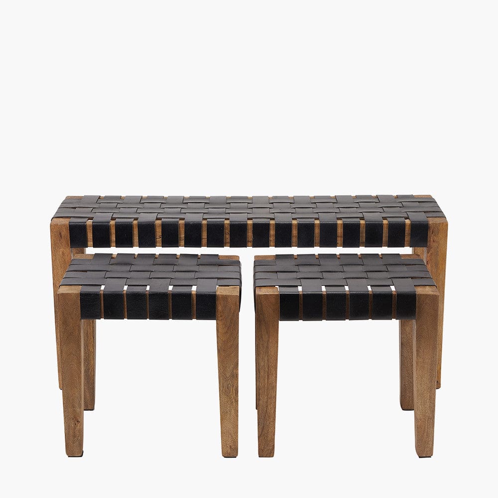 Claudio S/3 Black Leather and Mango Wood Bench and Stools.