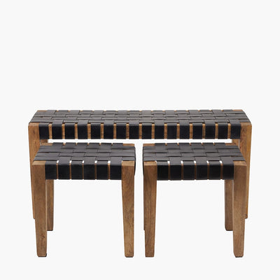 Pacific Lifestyle Living Claudio S/3 Black Leather and Mango Wood Bench and Stools House of Isabella UK