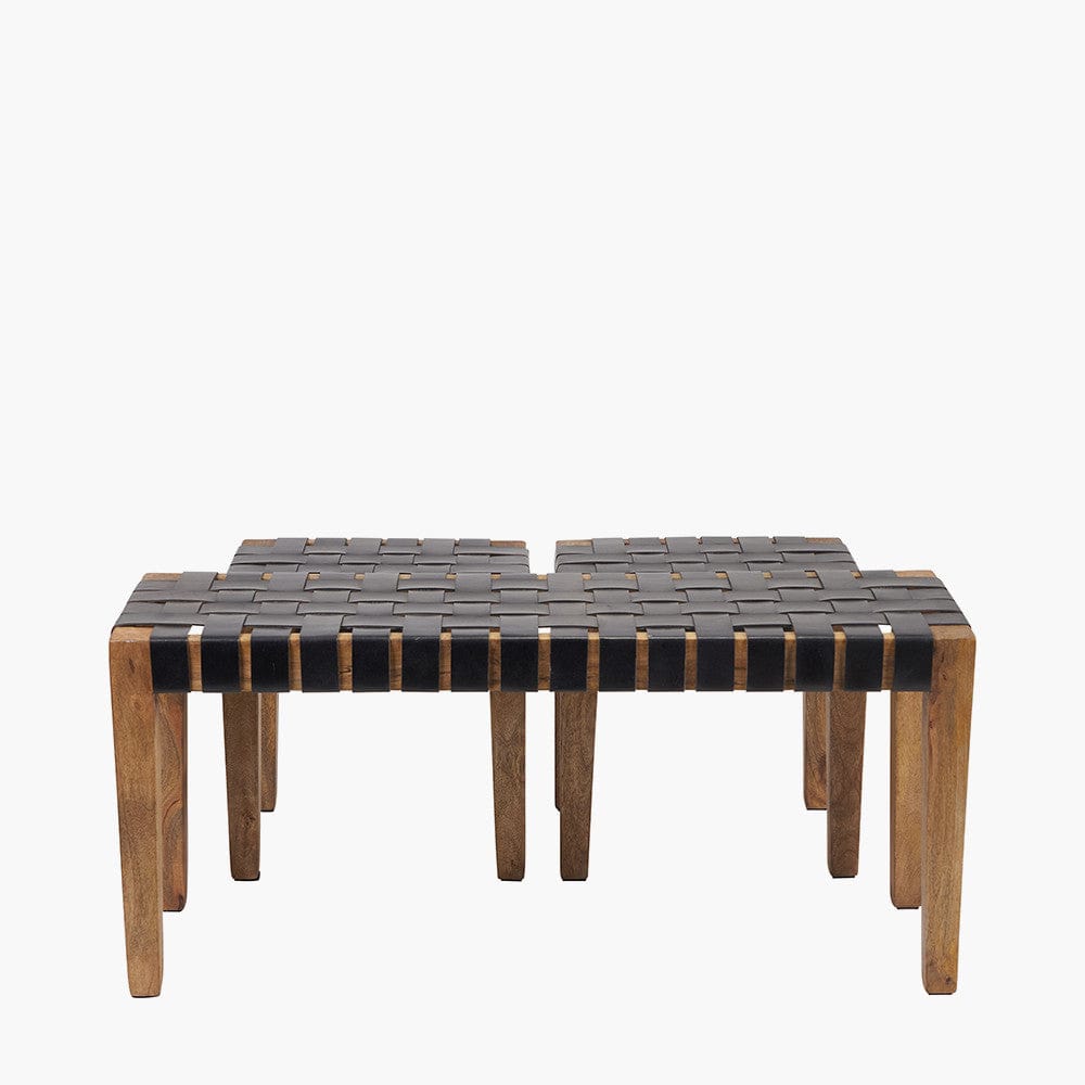 Claudio S/3 Black Leather and Mango Wood Bench and Stools.