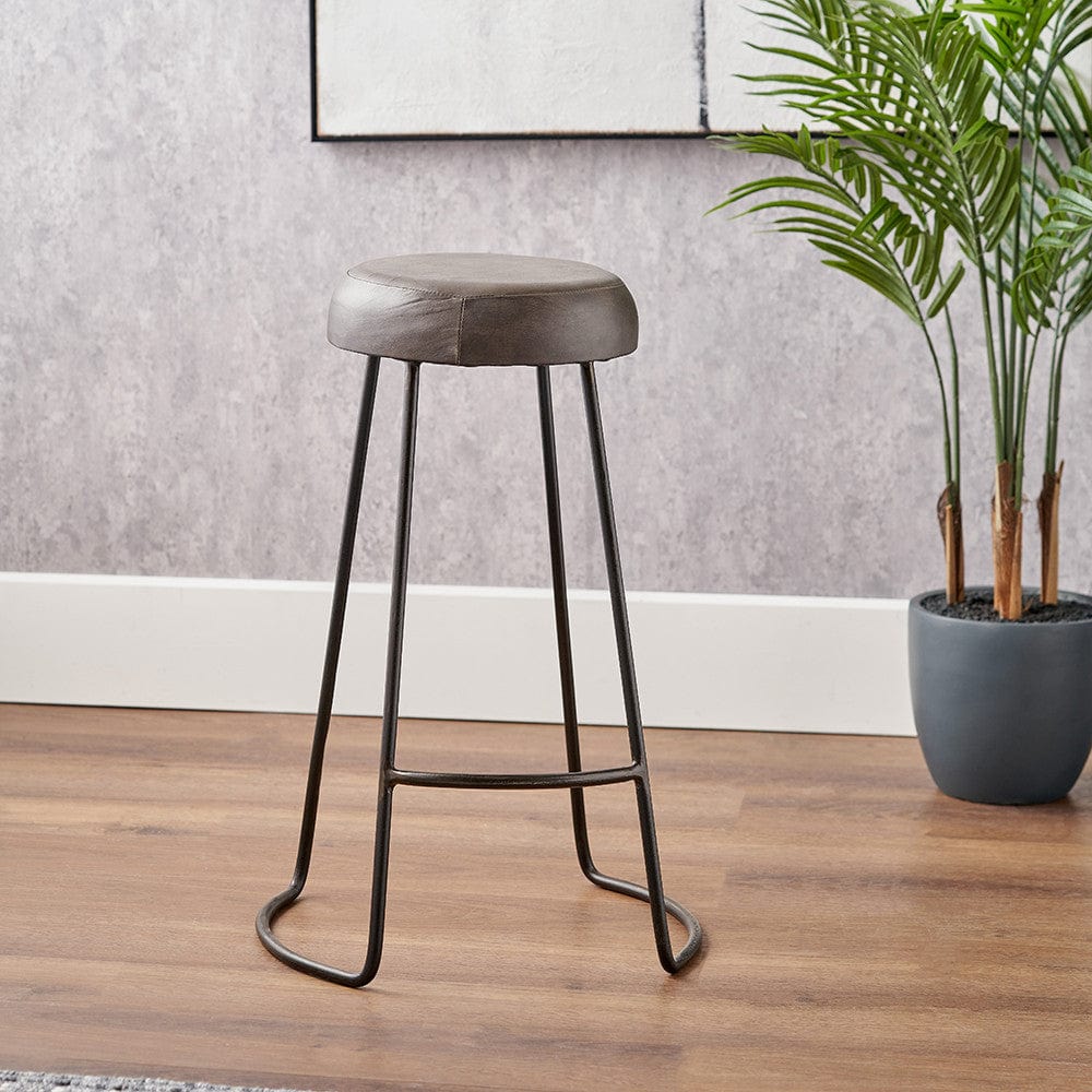 Cosimo Peppercorn Leather and Bronze Metal Bar Stool.