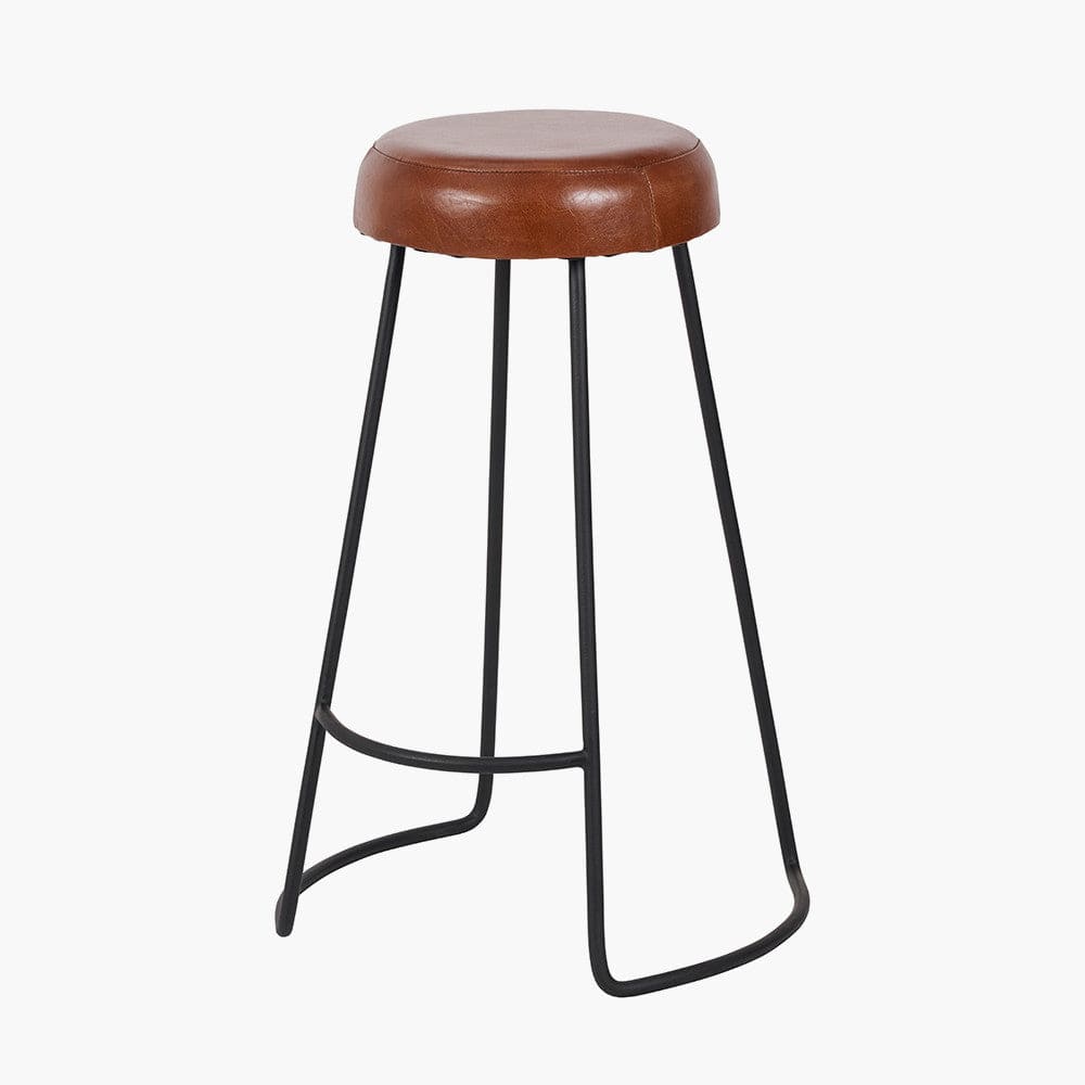 Cosimo Vintage Brown Leather and Black Metal Bar Stool.