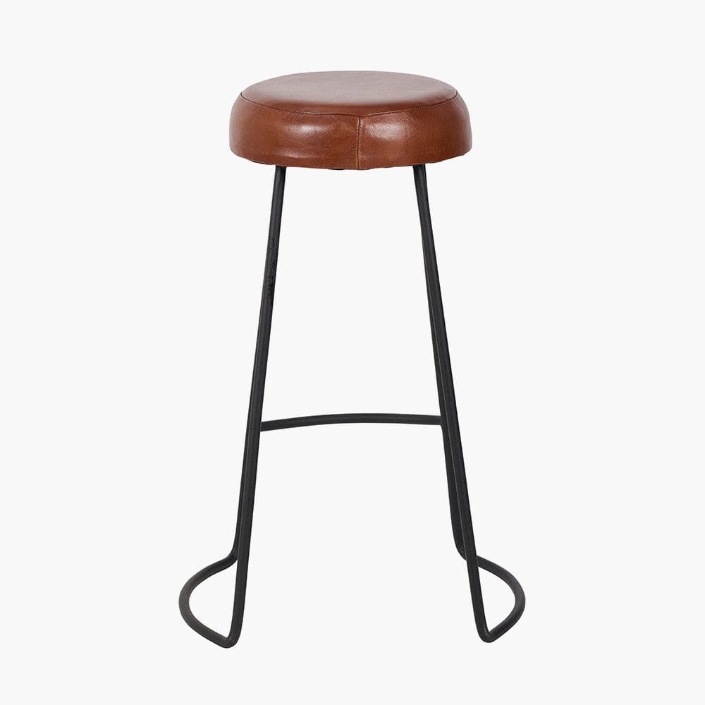 Cosimo Vintage Brown Leather and Black Metal Bar Stool.
