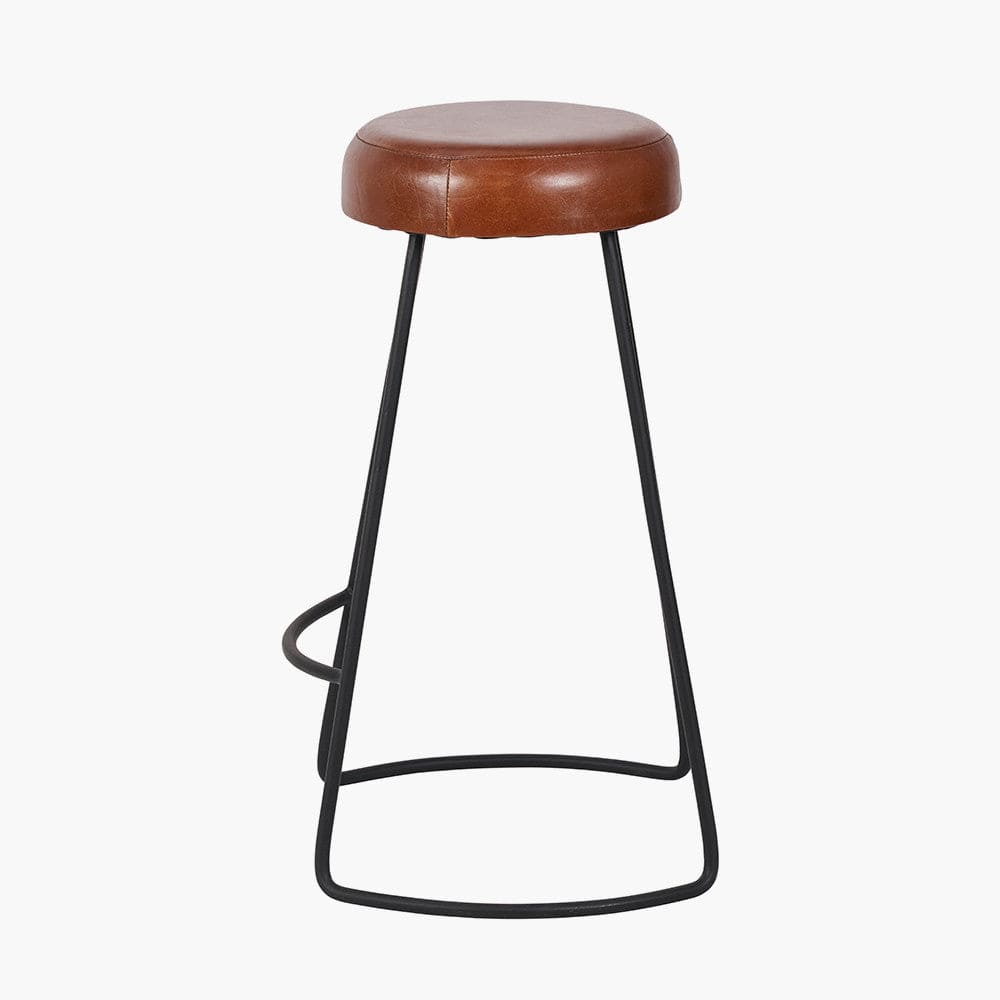 Cosimo Vintage Brown Leather and Black Metal Bar Stool.
