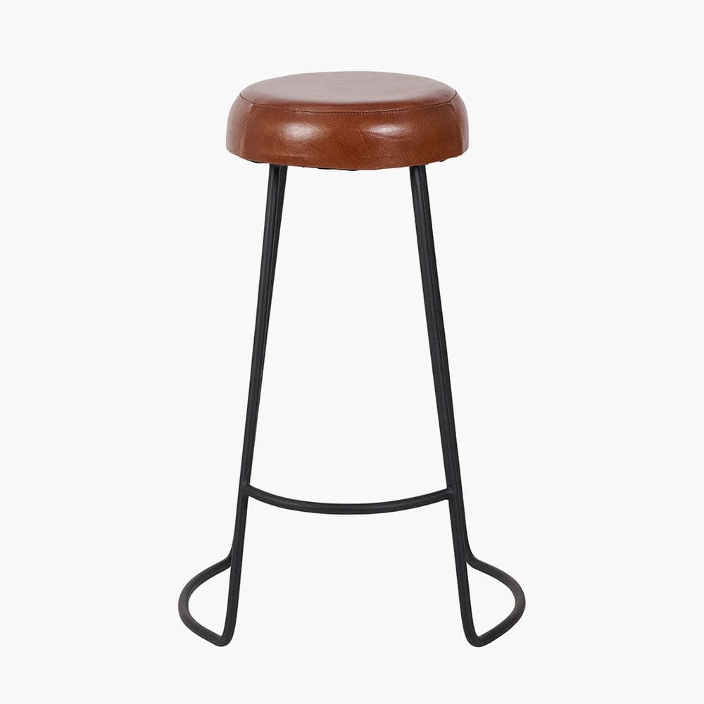 Cosimo Vintage Brown Leather and Black Metal Bar Stool.