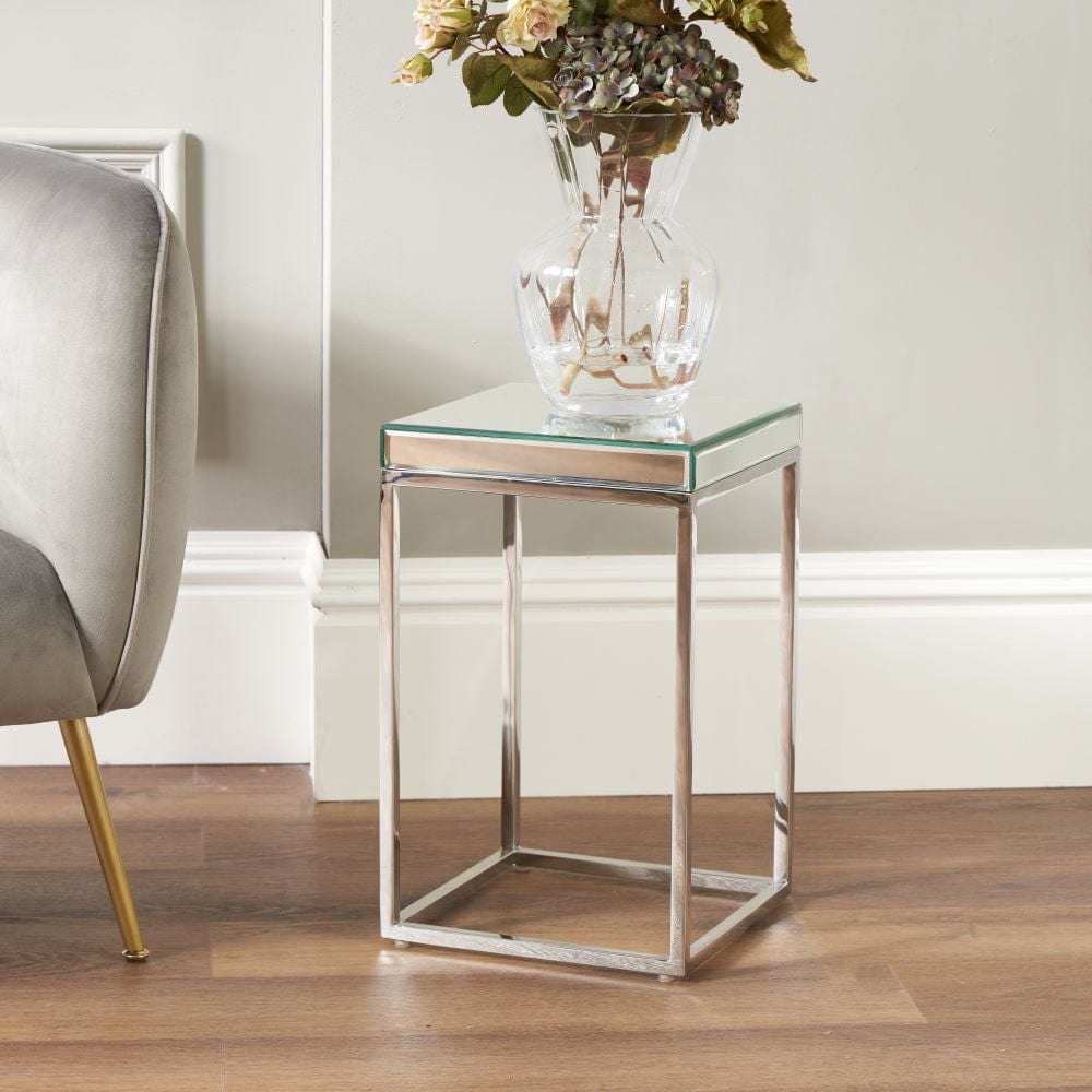 Elysee Mirrored Glass and Silver Metal Small Square Side Table.