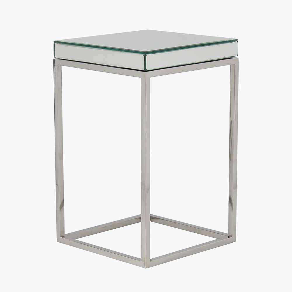 Elysee Mirrored Glass and Silver Metal Small Square Side Table.