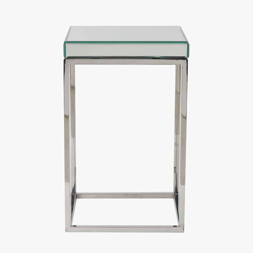 Elysee Mirrored Glass and Silver Metal Small Square Side Table.