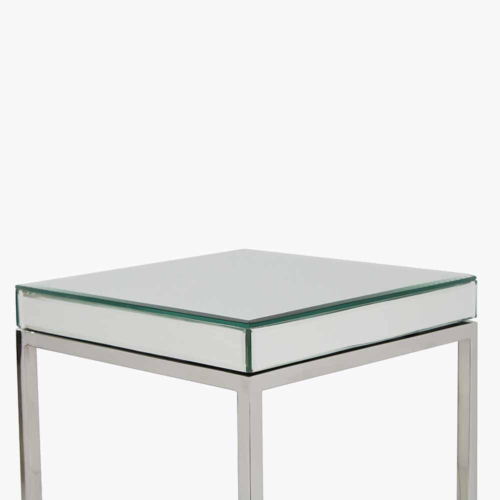 Elysee Mirrored Glass and Silver Metal Small Square Side Table.